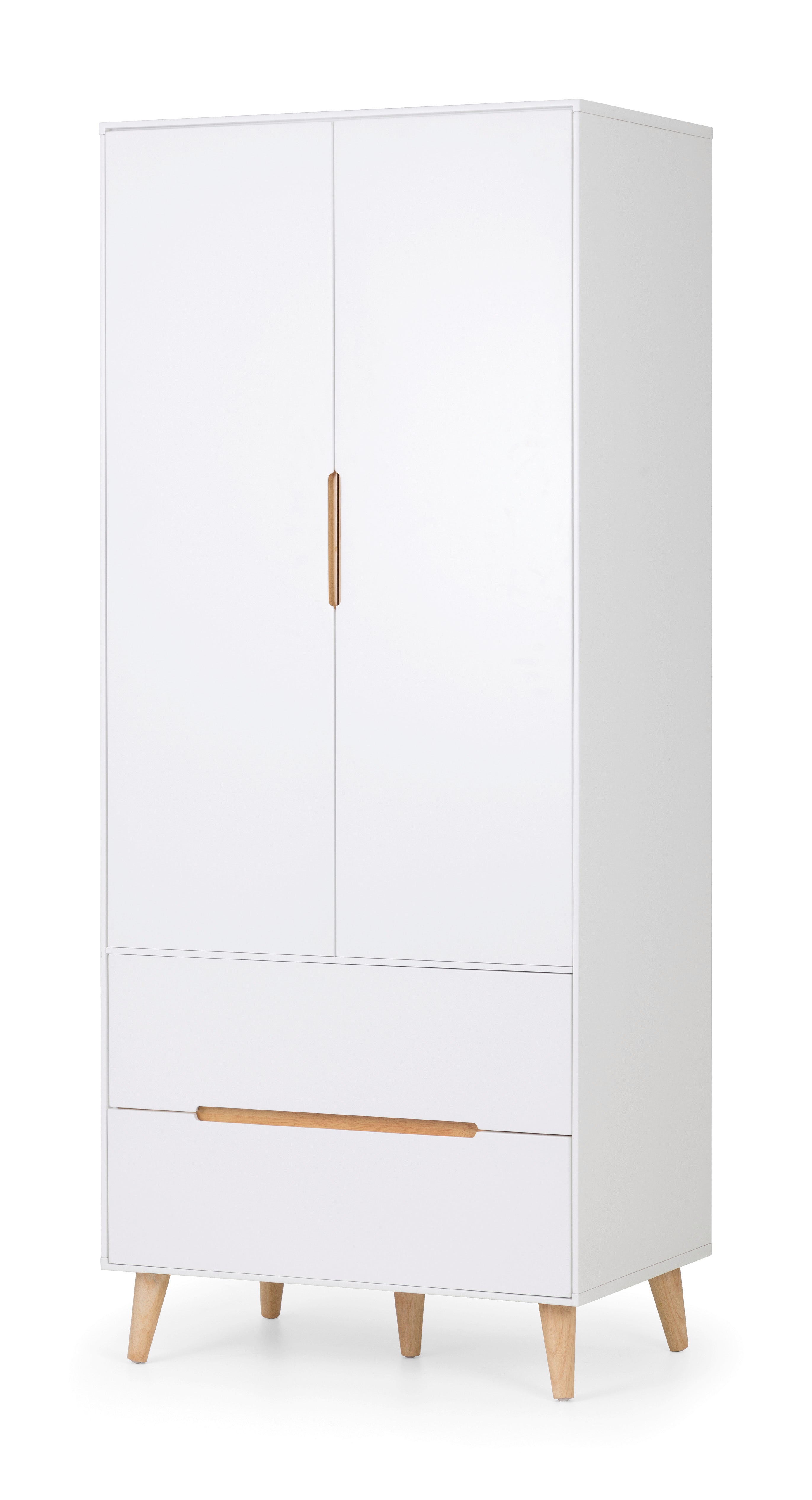 White wardrobe with wooden accents on a white background