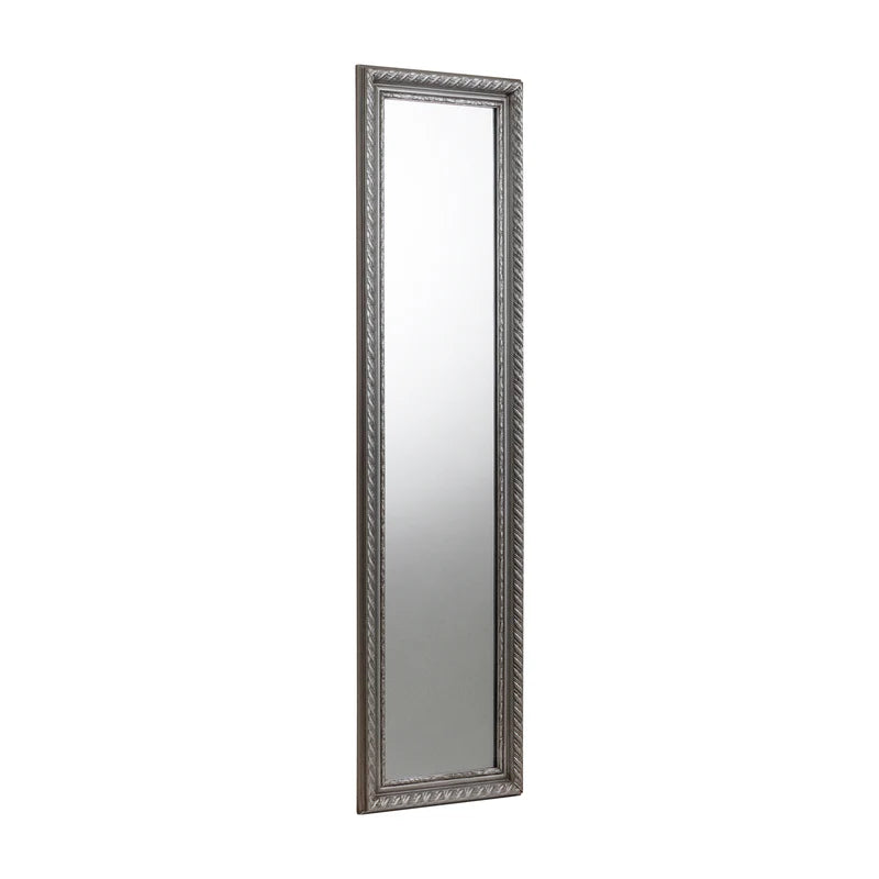 Long rectangular mirror with decorative silver frame on a white background