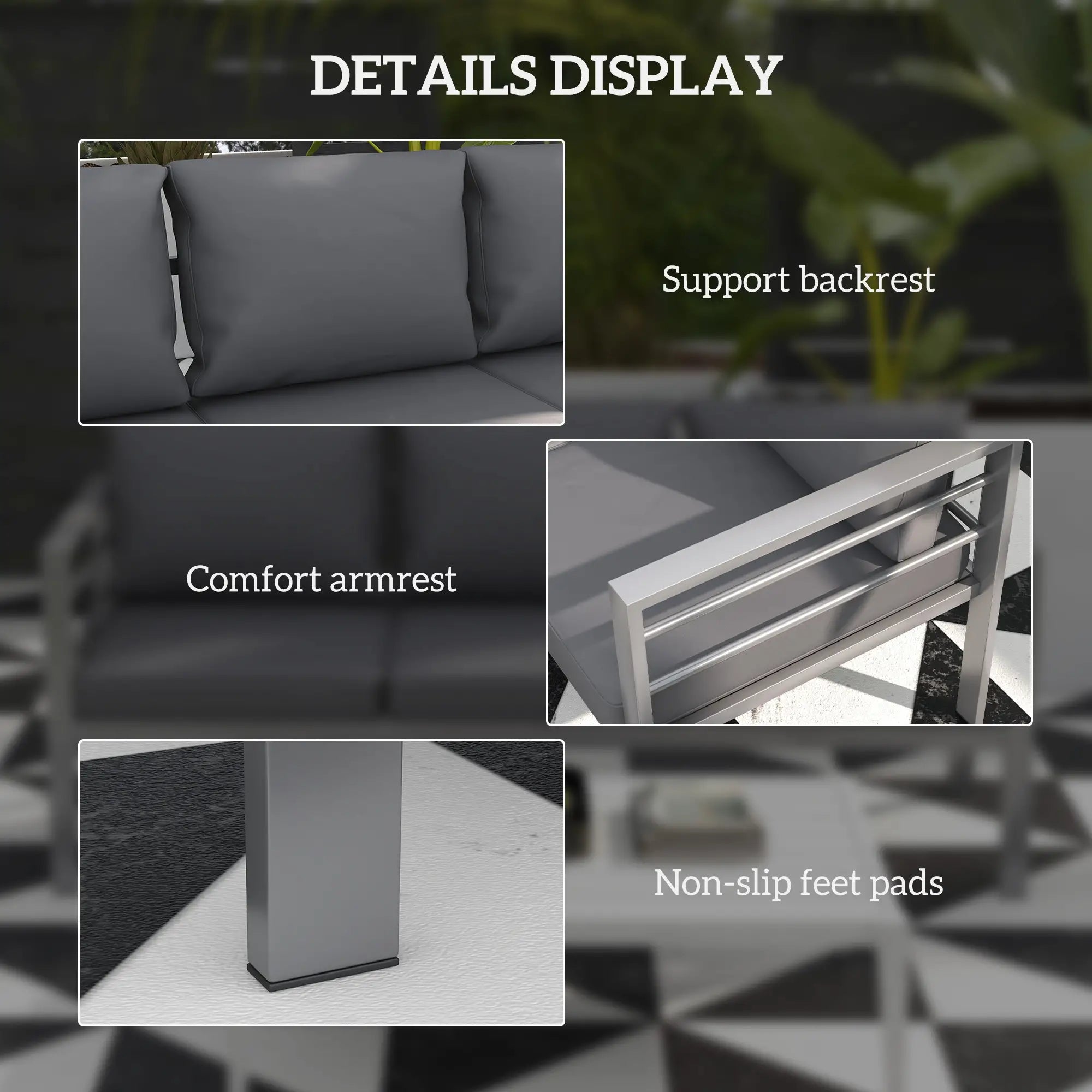Collage of outdoor furniture details including a backrest, armrest, and feet pads on a blurred background.