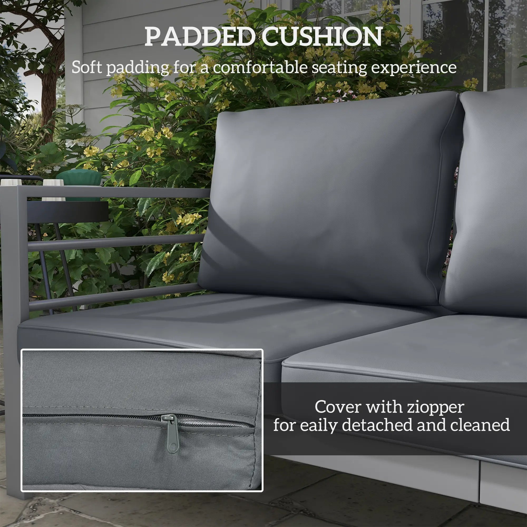 Gray cushioned outdoor sofa with a zippered cover on a patio.