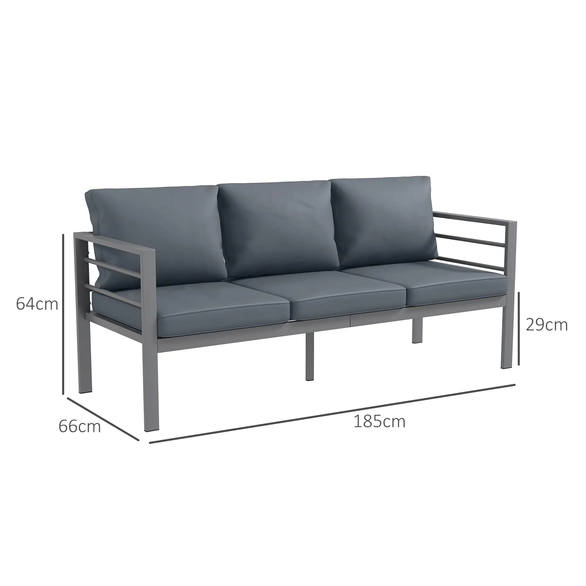 Gray outdoor sofa with dimensions labeled on a white background