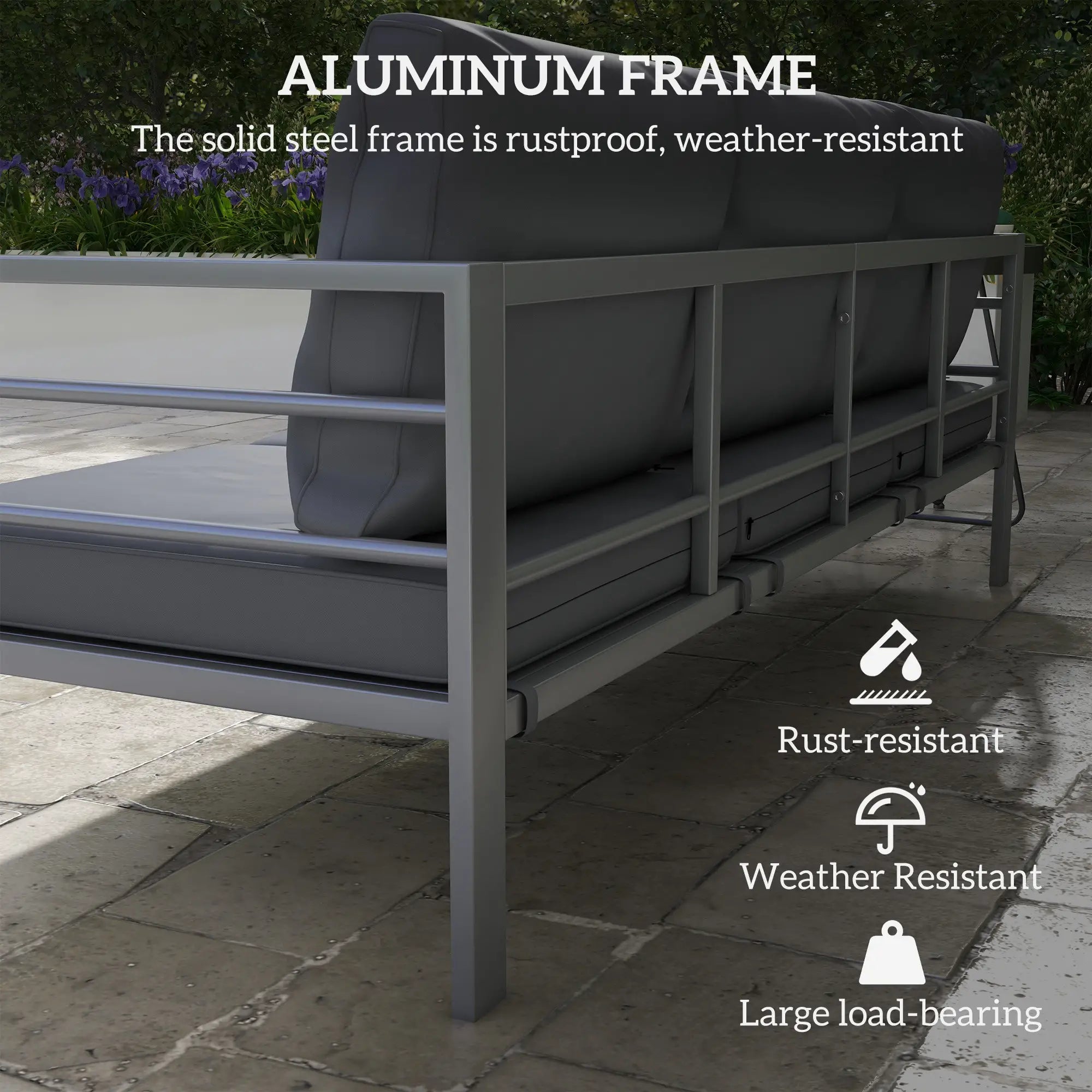 Outdoor sofa with aluminum frame on a stone patio, featuring text about rustproof and weather-resistant properties.