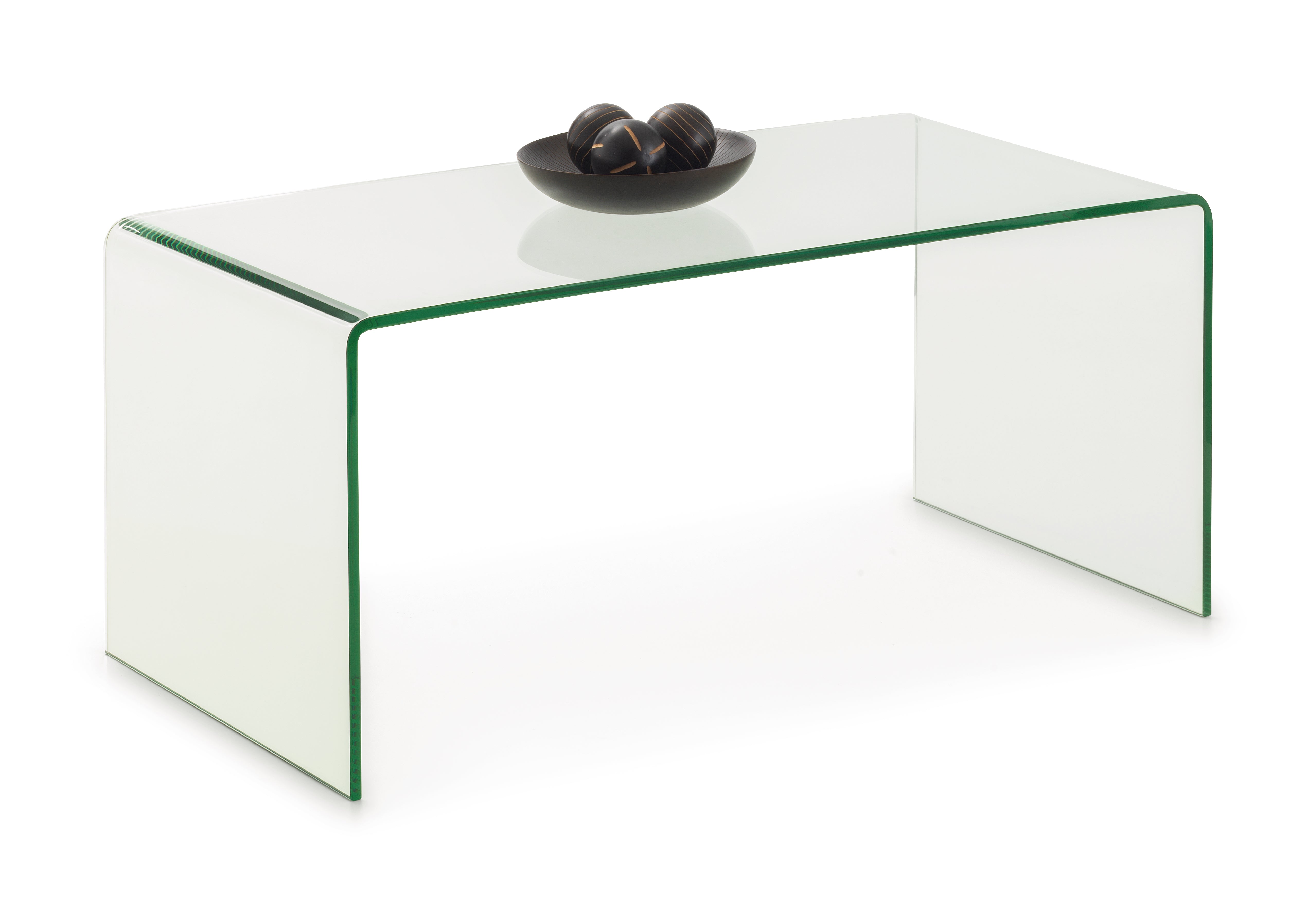Clear glass coffee table with a black decorative item on a white background