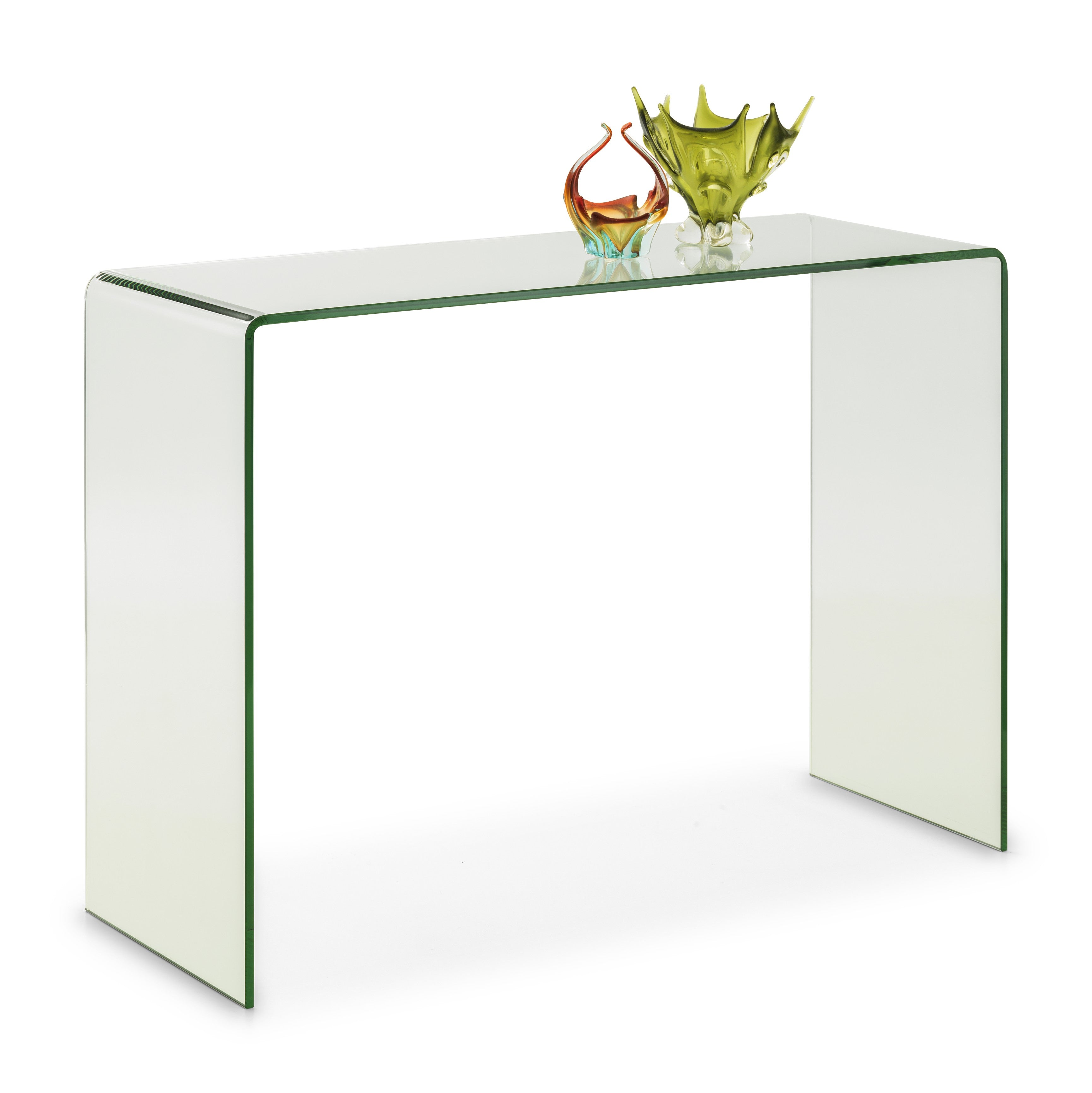 Clear glass console table with decorative items on a white background