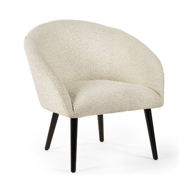 Beige cushioned chair with black legs on a white background