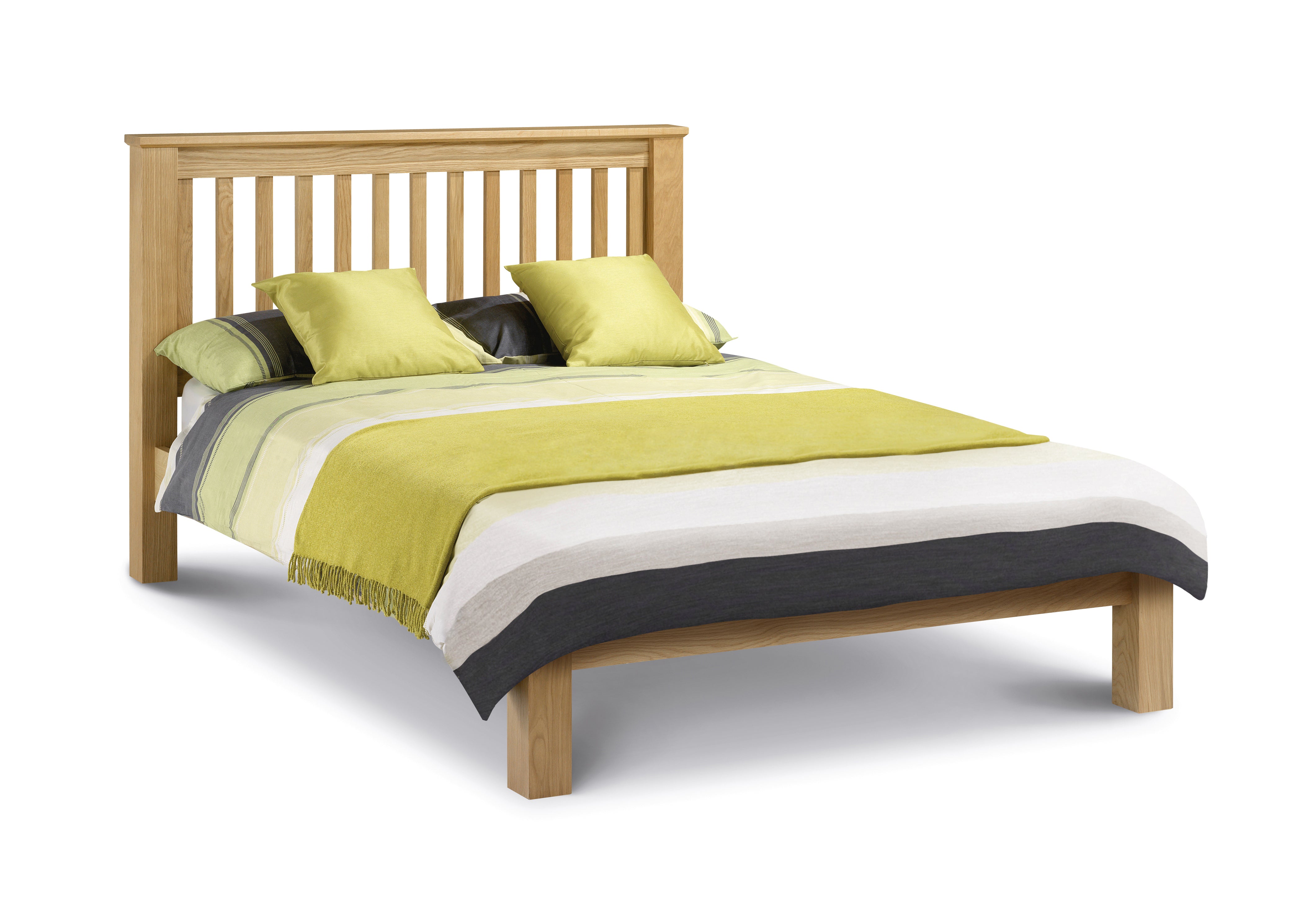 Wooden bed with green bedding on a white background