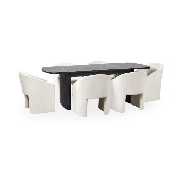 Dining table with four modern white chairs on a white background