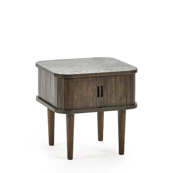 Wooden side table with marble top on a white background