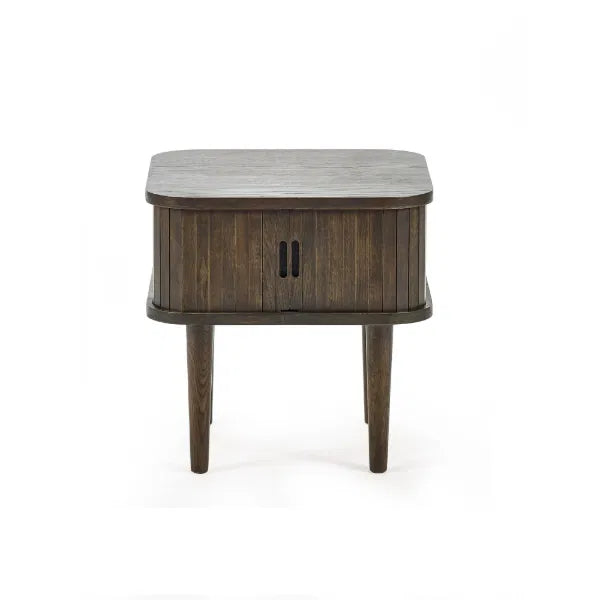 Wooden side table with a gray top on a white background