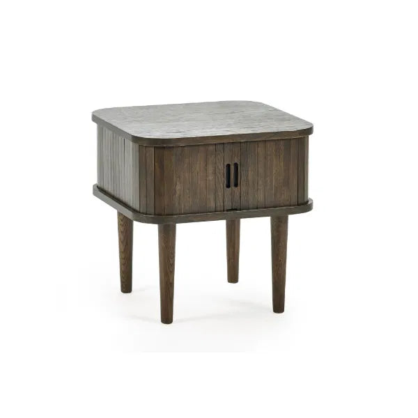 Wooden side table with a textured top on a white background