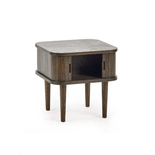 Wooden side table with a gray top on a white background