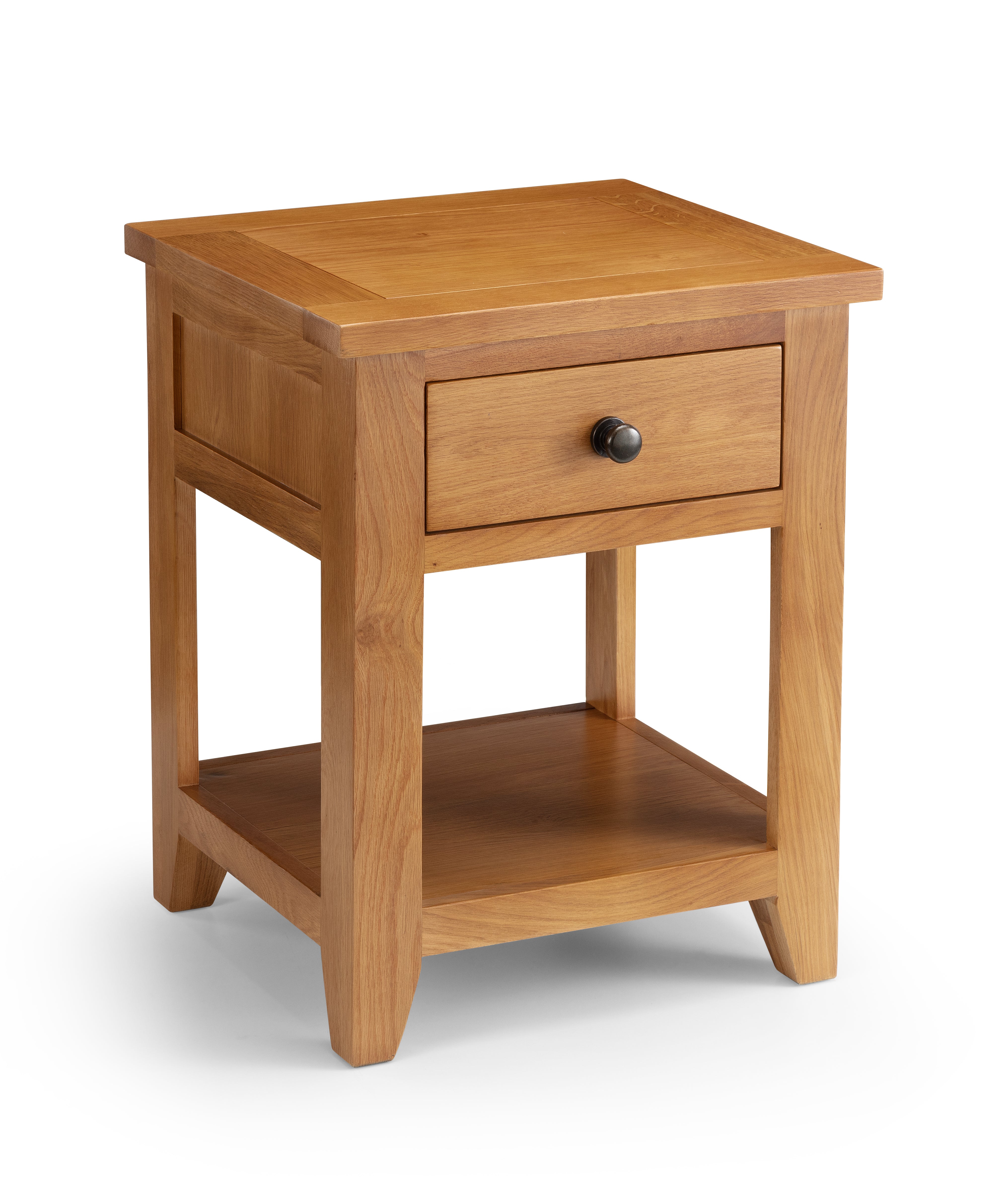 Wooden side table with a drawer on a white background