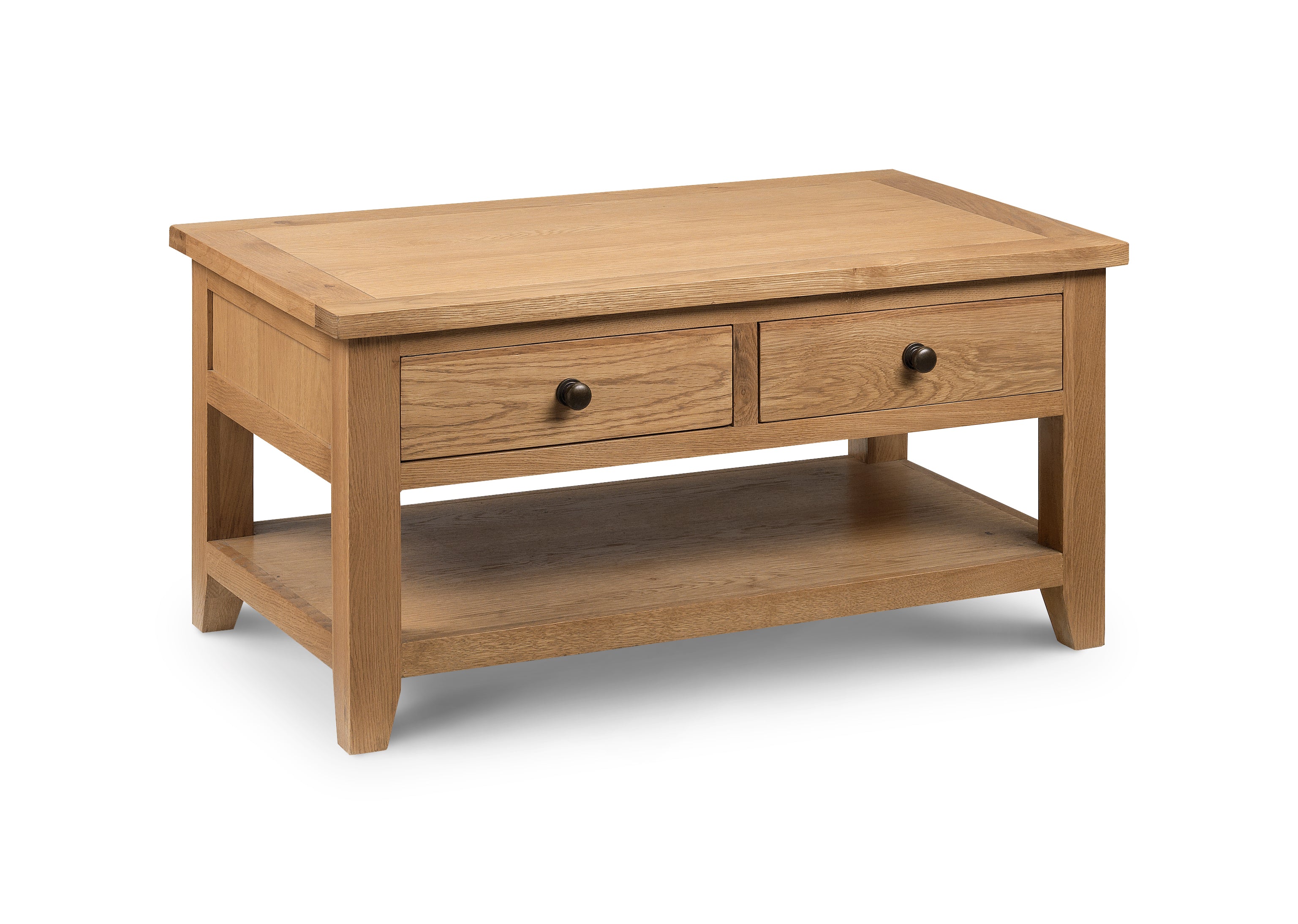 Wooden coffee table with two drawers on a white background