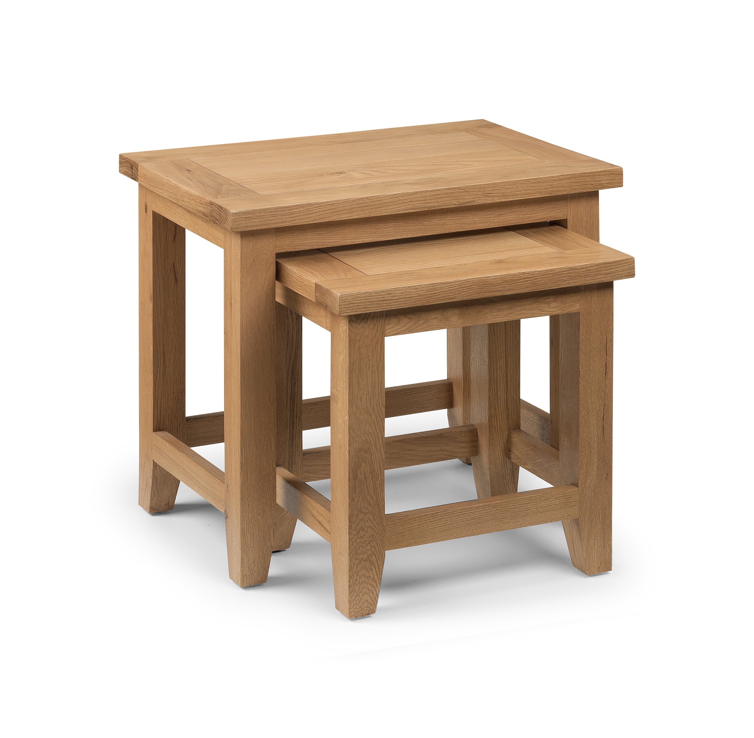 Set of two wooden nesting tables on a white background