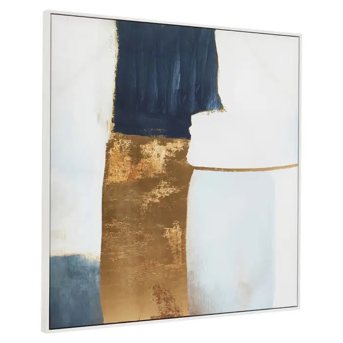 Abstract art piece with gold and blue abstract patterns on a white background