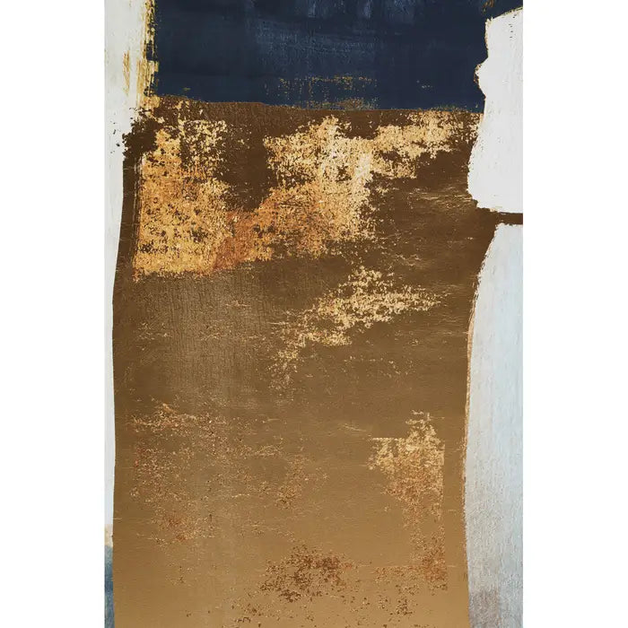 Abstract art piece with gold and black colors on a textured surface