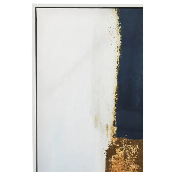 Abstract art piece with gold and brown strokes on a white and blue background