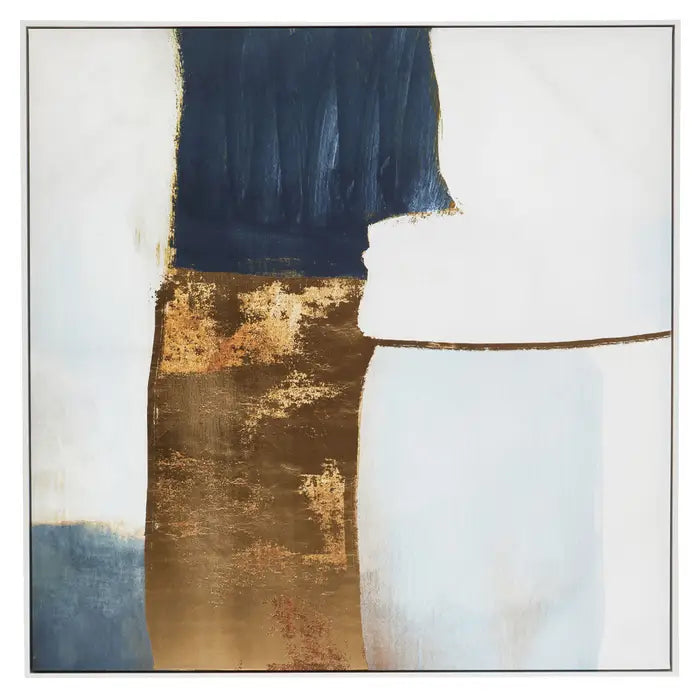 Abstract art piece with gold, blue, and white colors on a light gray background