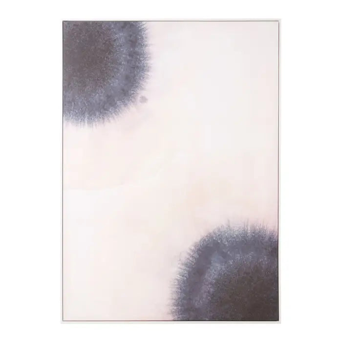 Abstract art piece with dark gray and black shapes on a light pink background