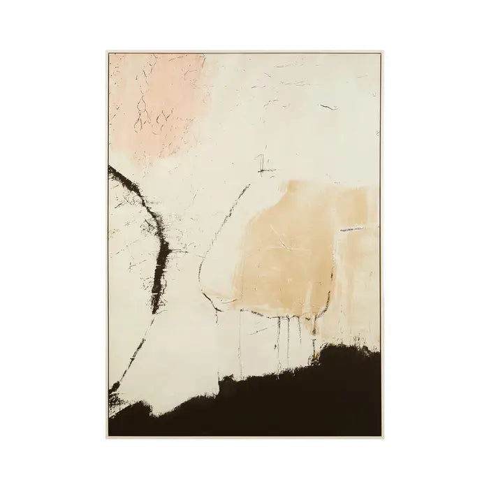 Abstract art piece with beige, black, and pink colors on a white background