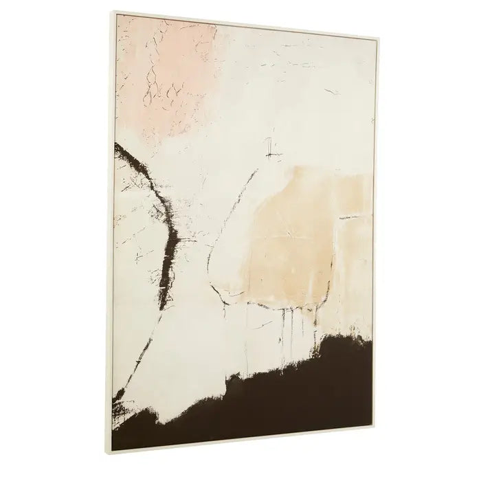 Abstract art piece with black, beige, and pink colors on a white background