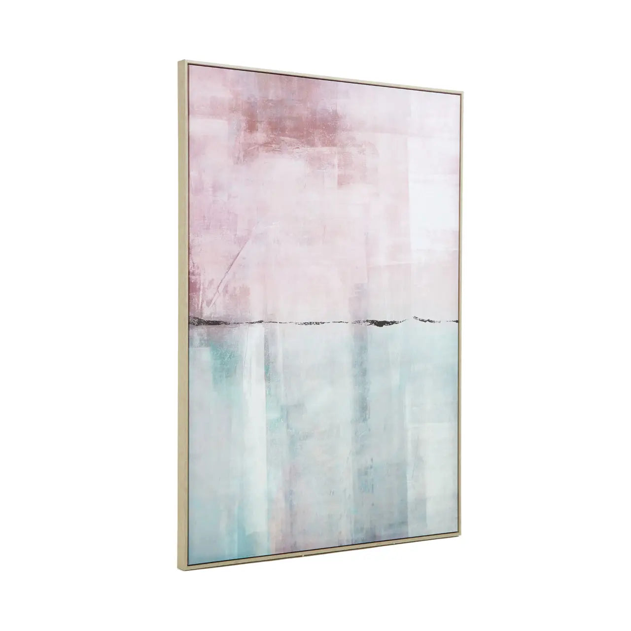 Abstract art piece with pink and blue gradient in a gold frame on a white background