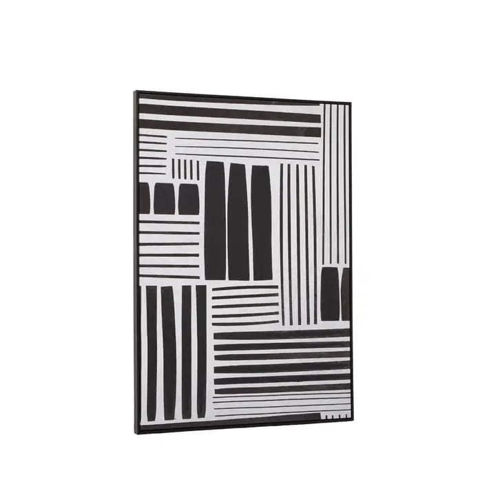 Black and white abstract patterned wall art on a white background