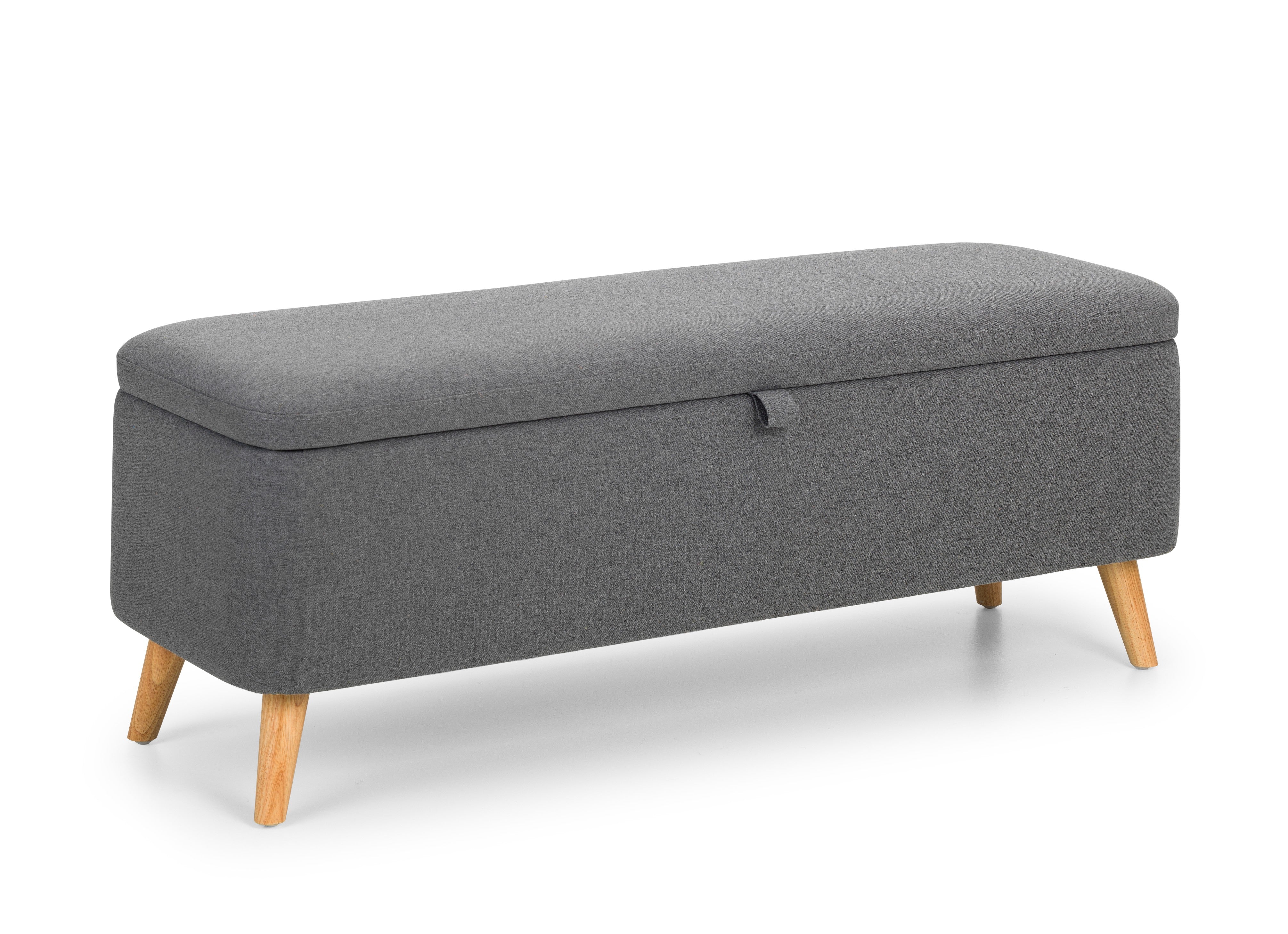 Gray storage bench with wooden legs on a white background