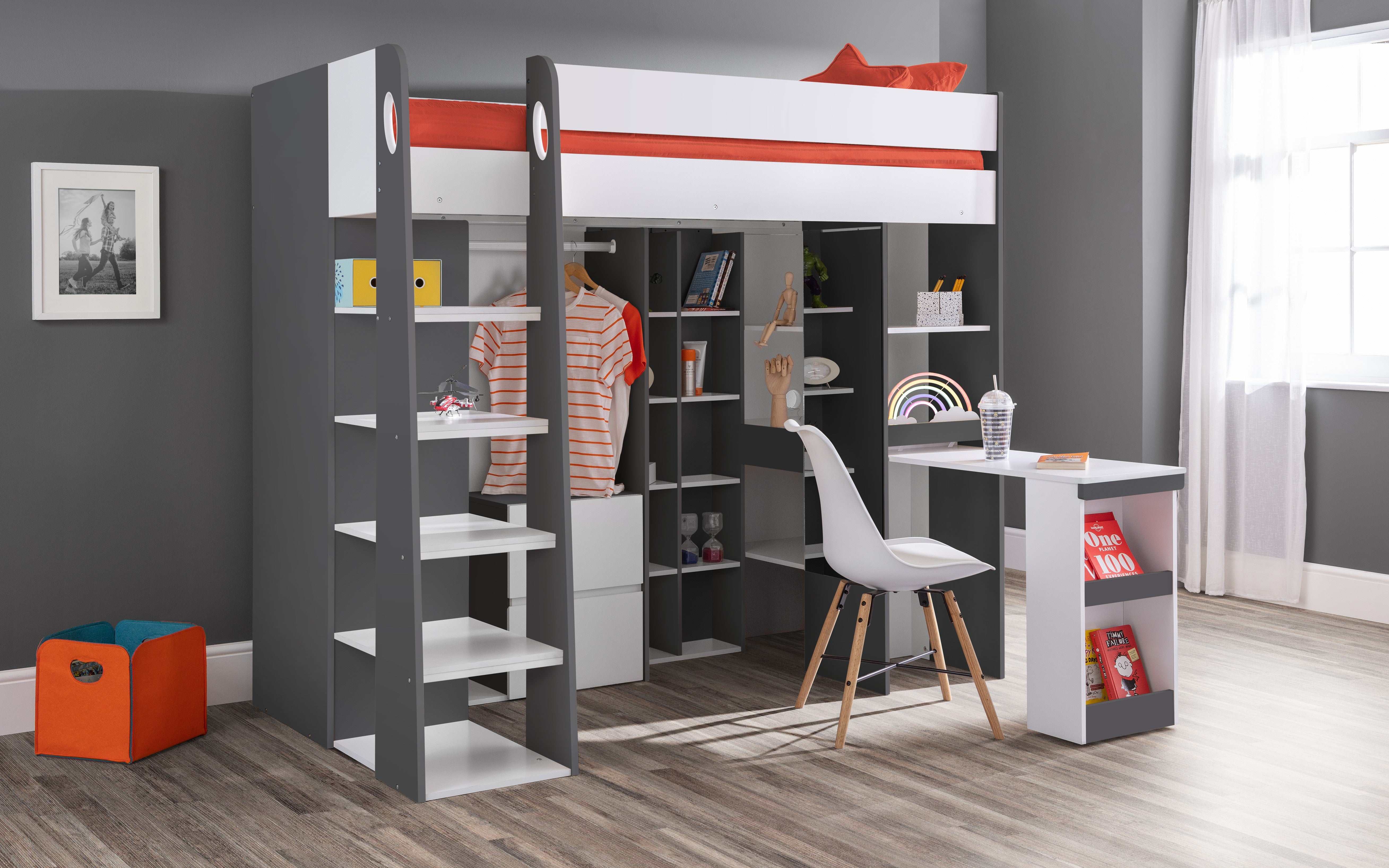 Children's room with a loft bed, desk, and shelves.