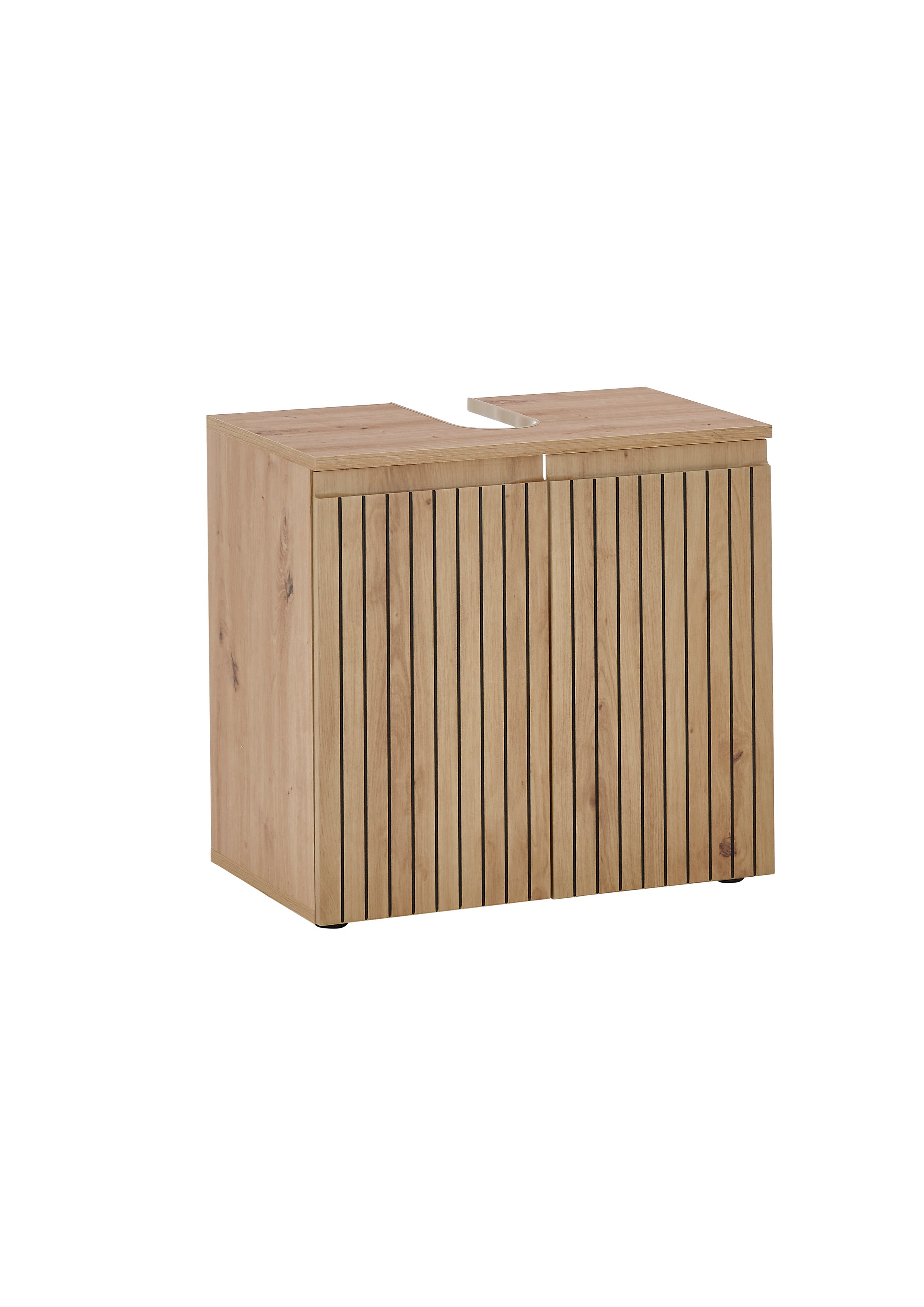 Wooden storage box with slatted design on a white background