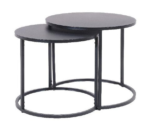 Set of two black round tables with metal bases on a white background