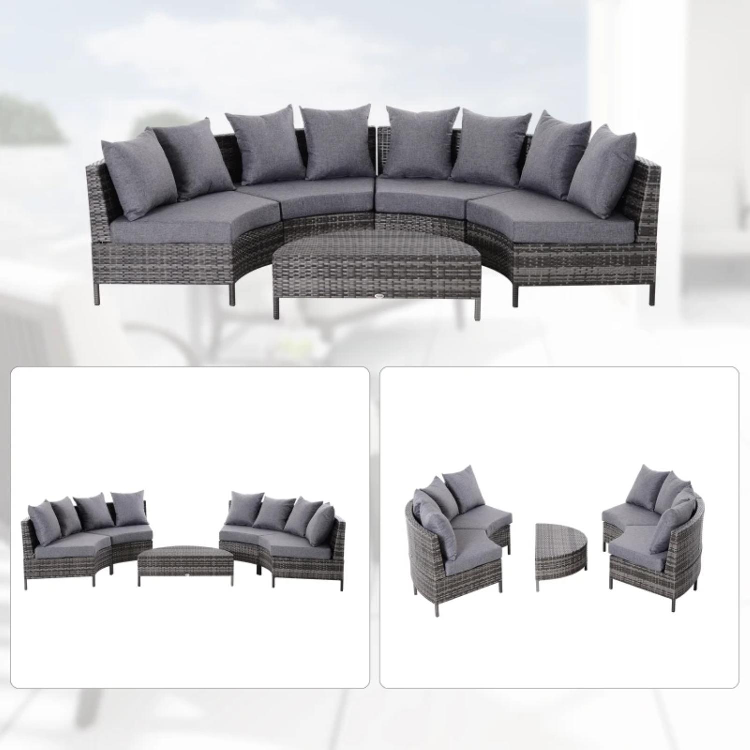 Outdoor furniture set with gray cushions on a white background