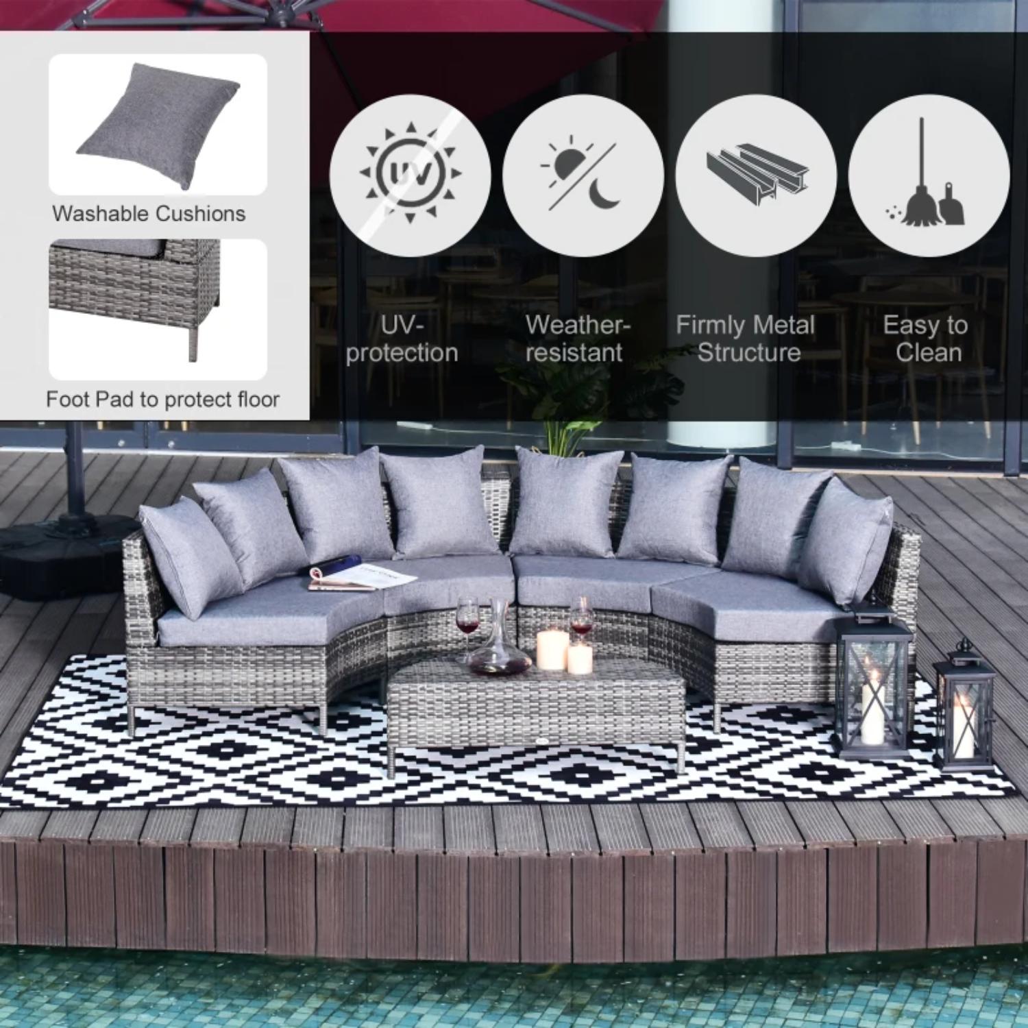 Outdoor patio furniture set with washable cushions, UV-protection features, and a black and white patterned rug.