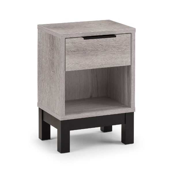Gray wooden nightstand with a drawer on a white background