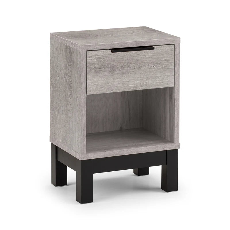 Gray wooden nightstand with a drawer on a white background