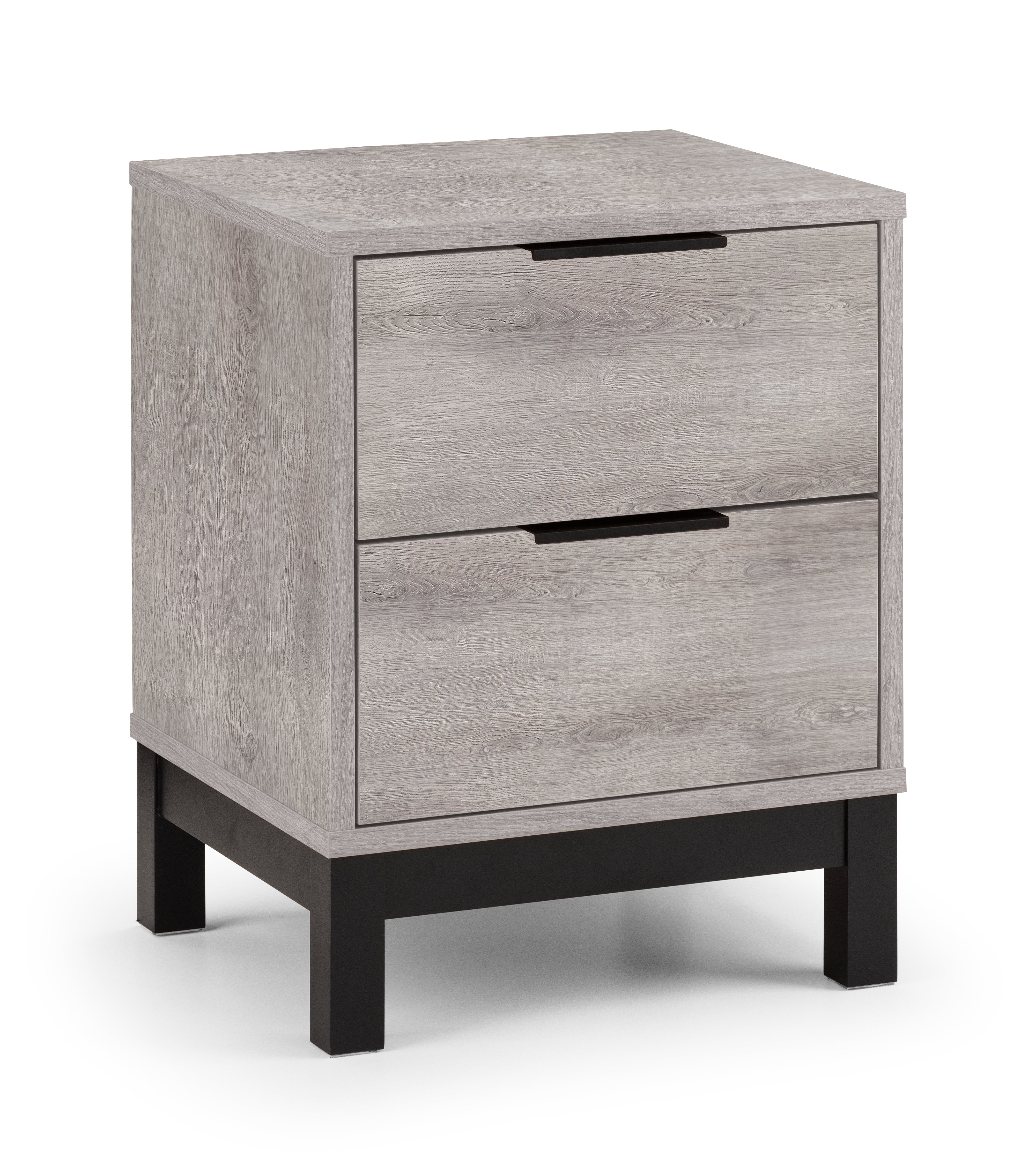 Two-drawer nightstand with gray wooden finish and black base on a white background
