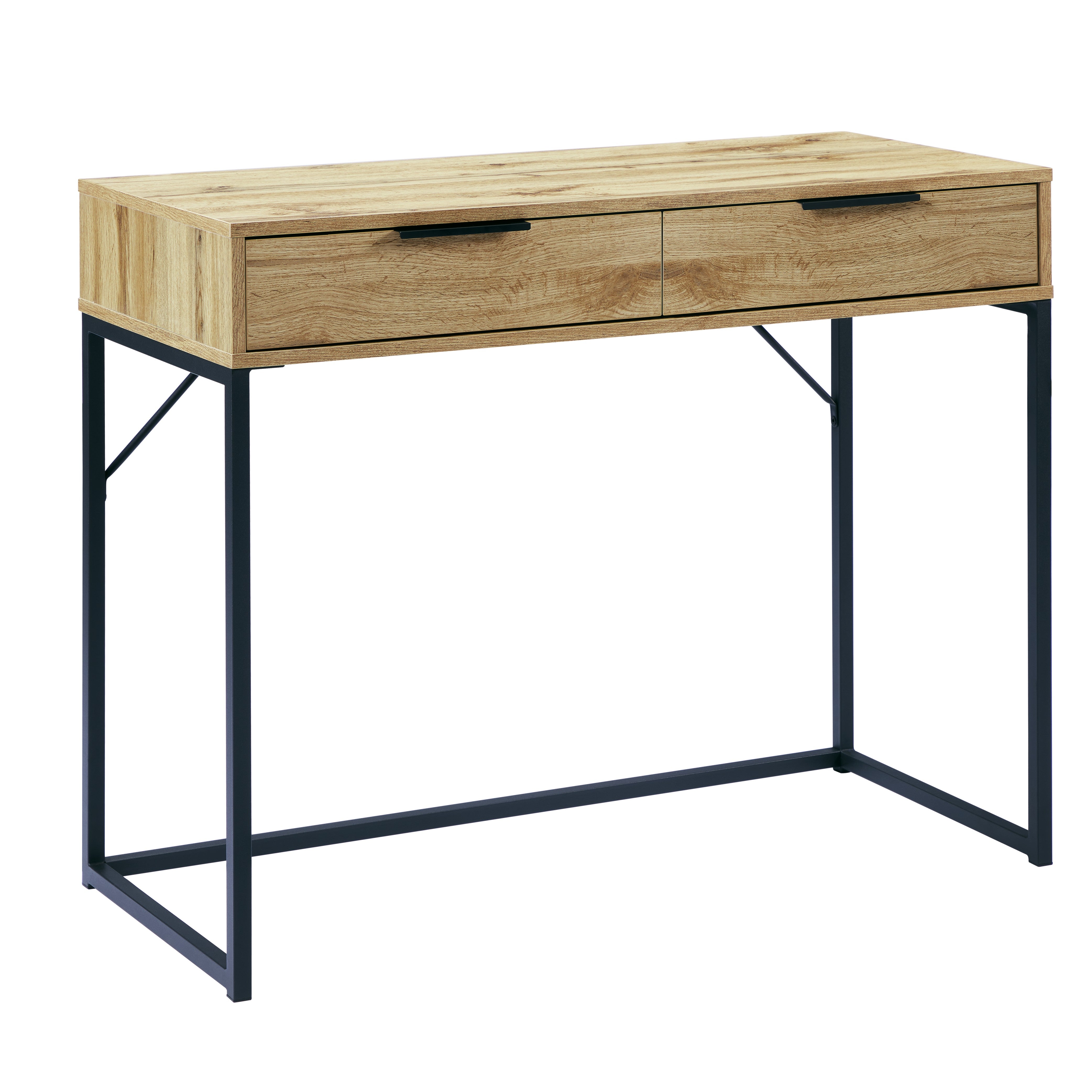 Wooden desk with two drawers and a black metal frame on a white background