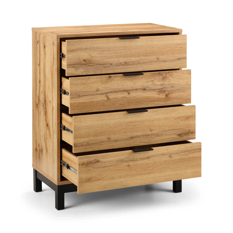 Wooden dresser with four drawers on a white background