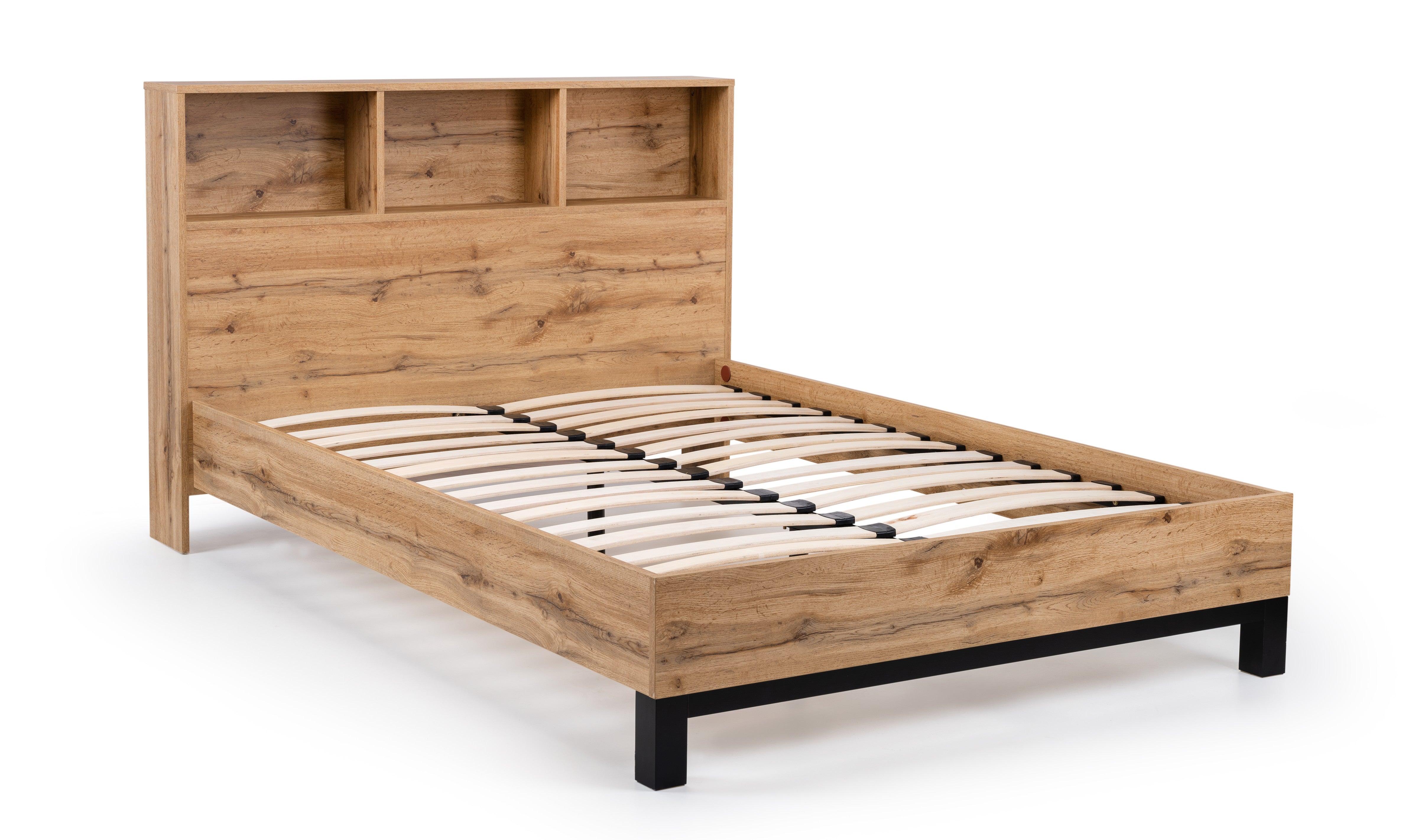 Wooden bed frame with bookshelves on a white background