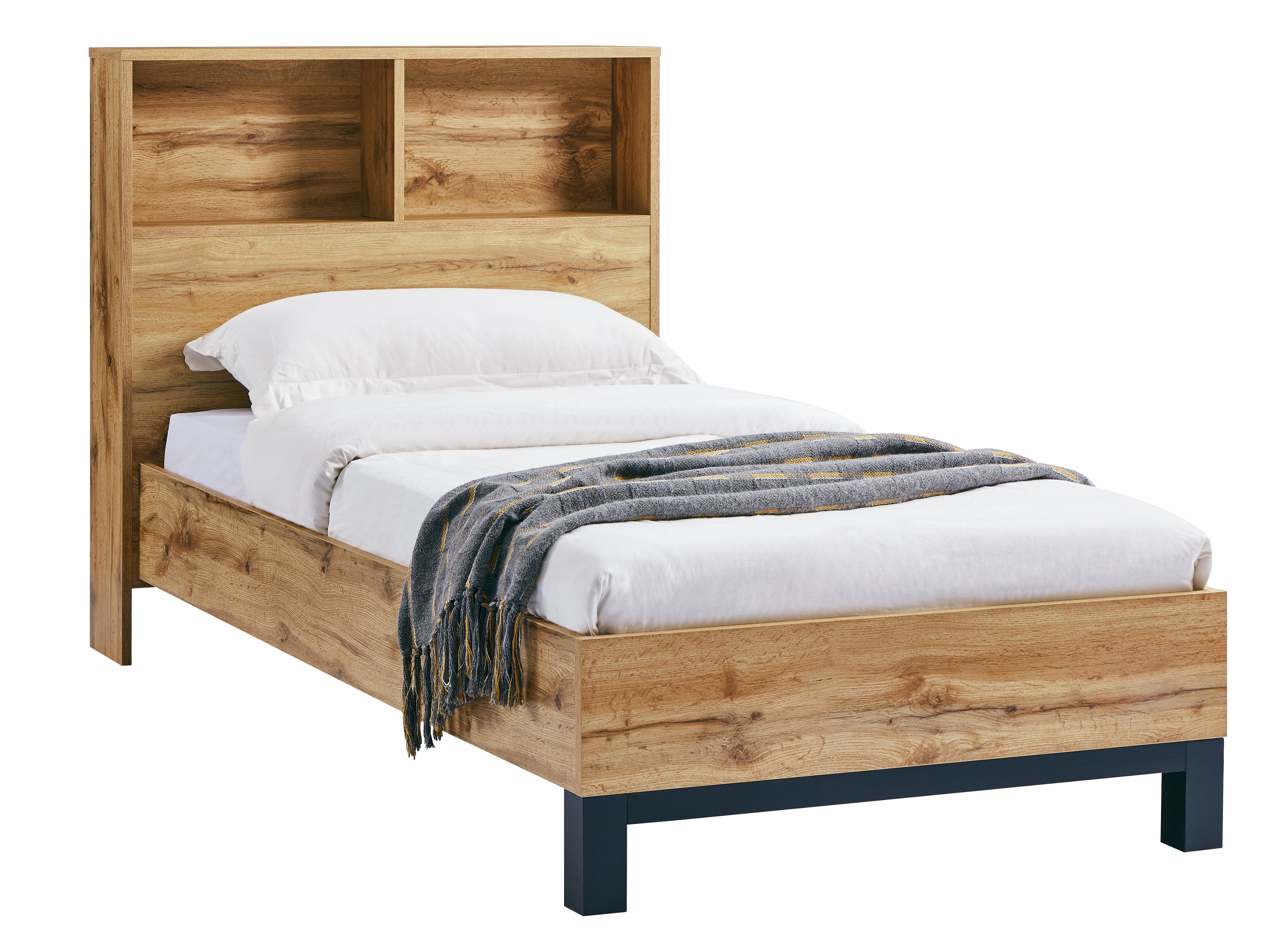 Wooden bed with white bedding and a gray blanket on a white background