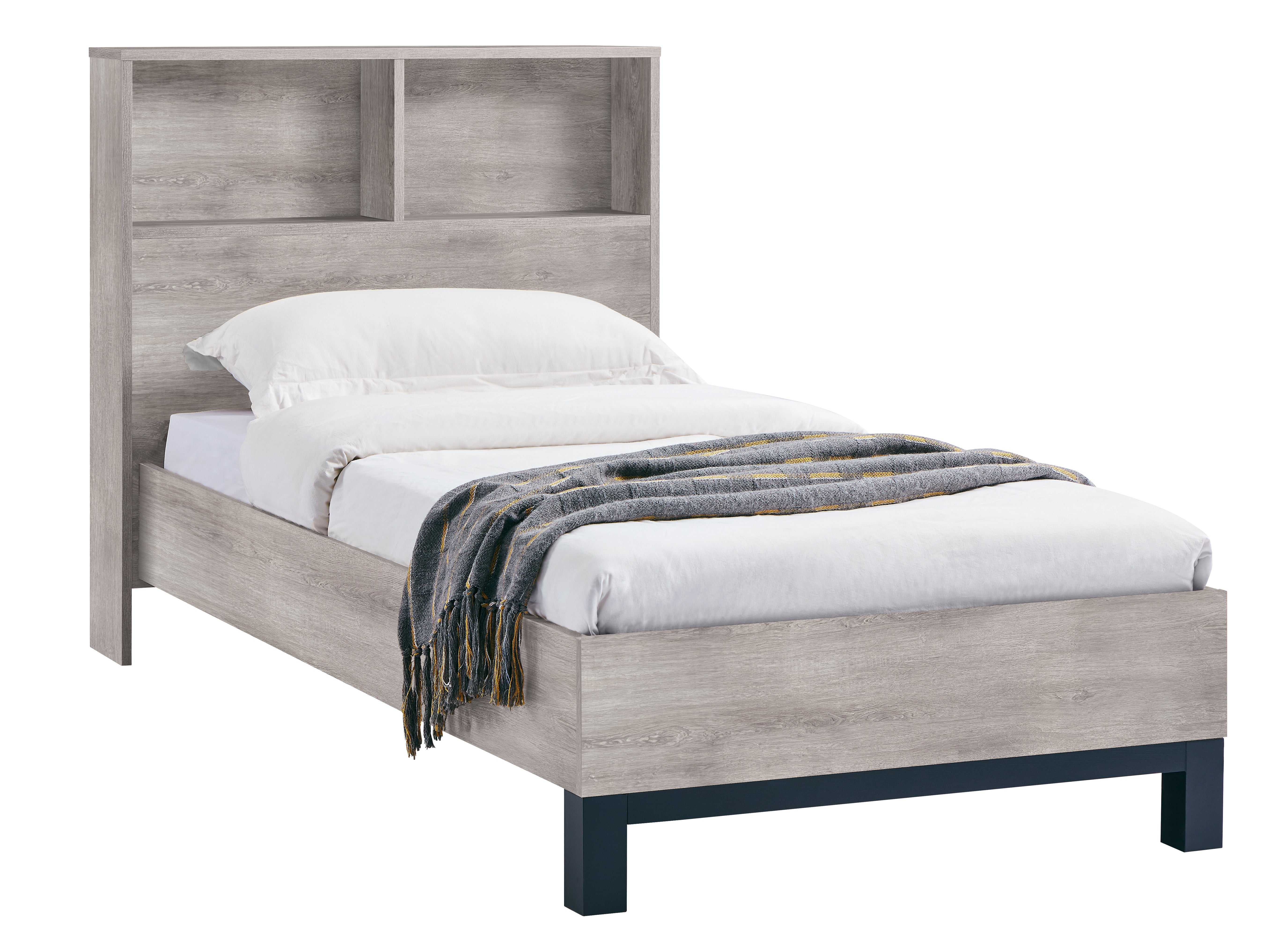 Wooden bed with white bedding and a gray blanket on a white background