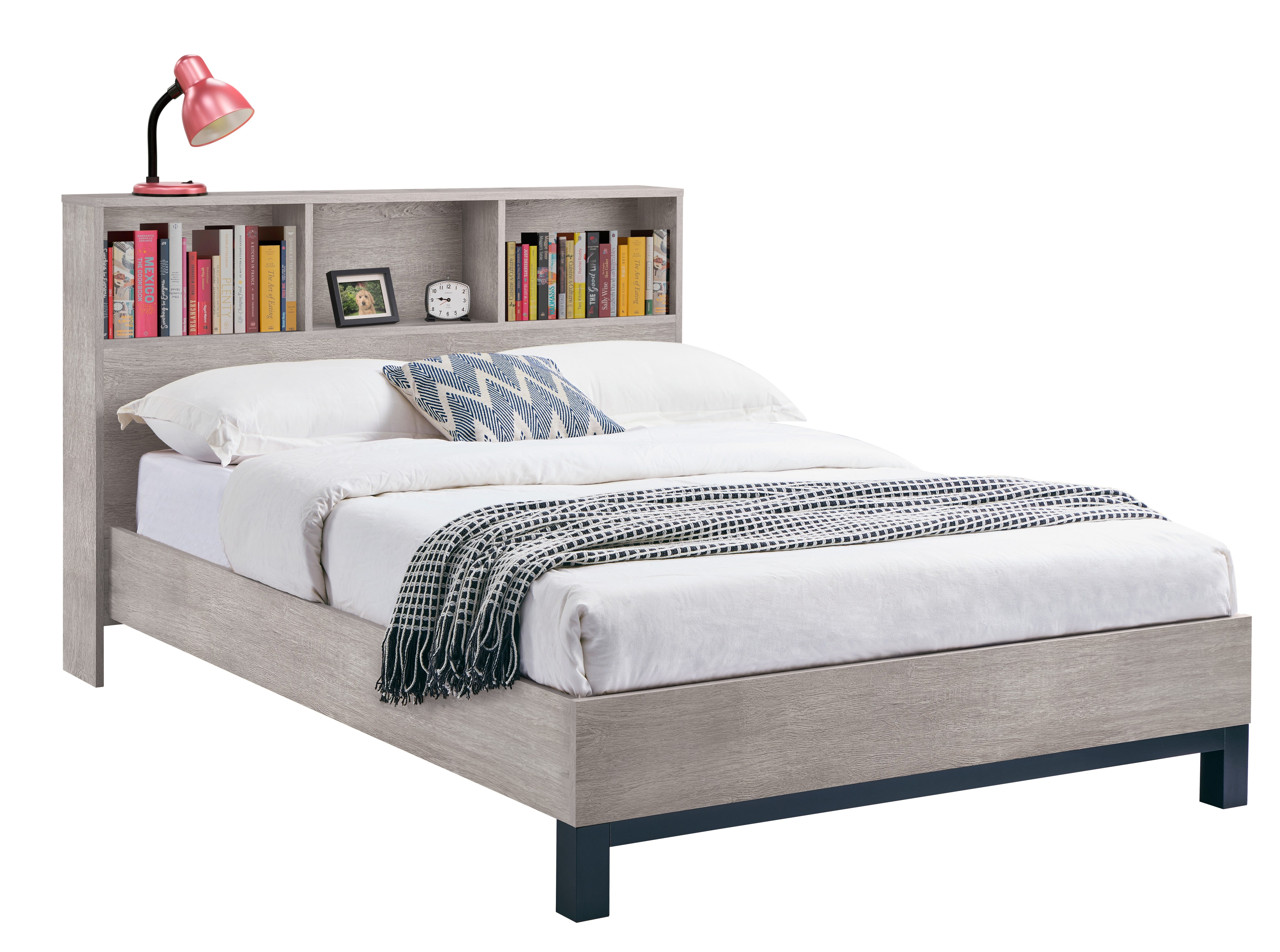 Bedroom setup with a bed, bookshelf, and decorative items on a white background