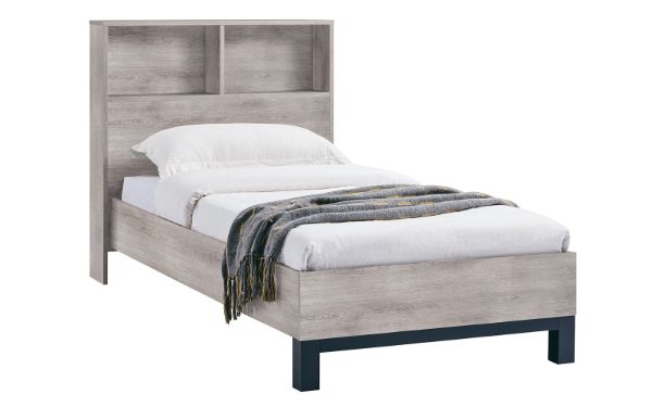 Wooden bed frame with white bedding and a gray blanket on a white background
