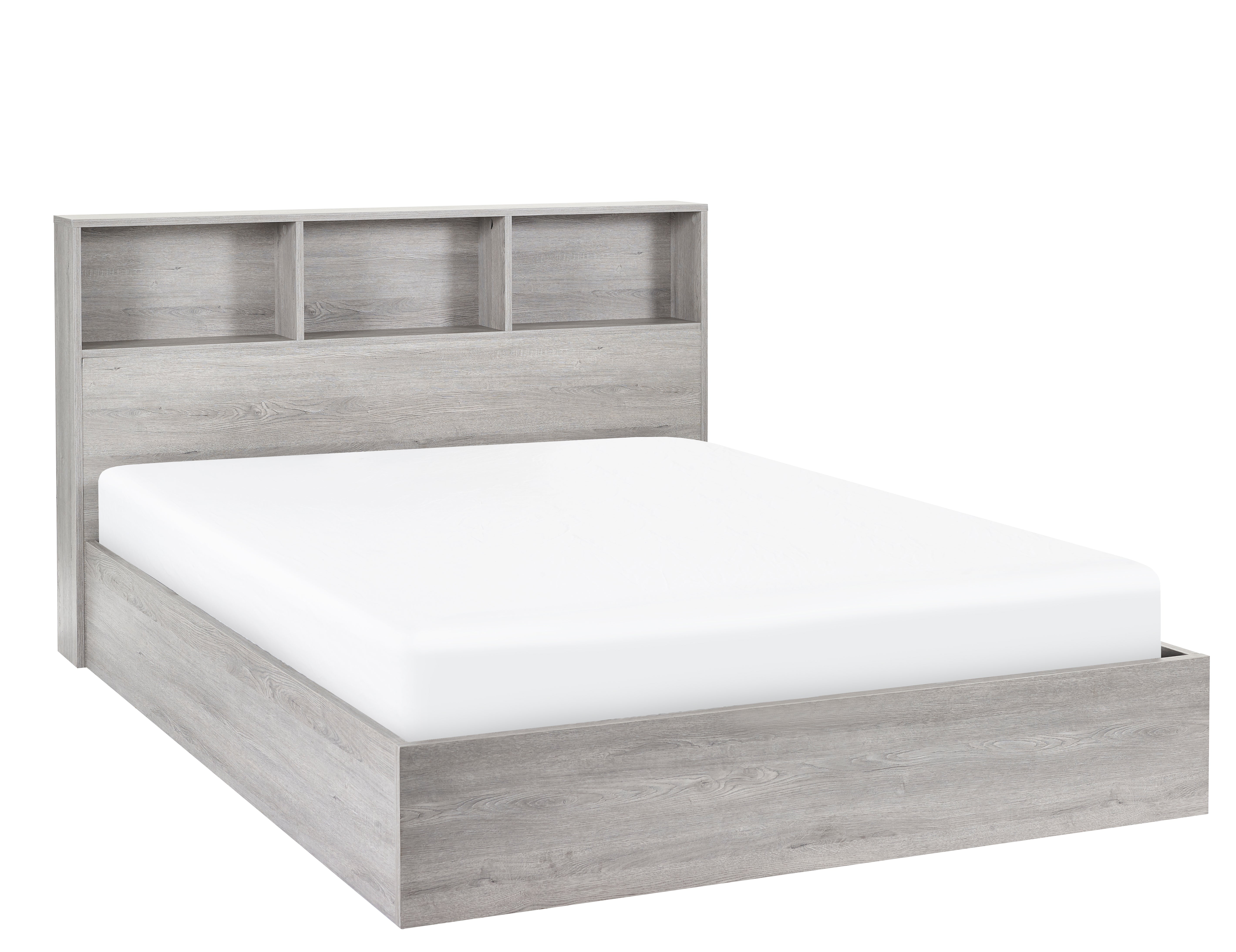 Gray wooden bed frame with white mattress on a white background