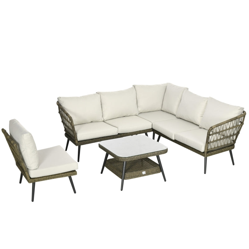 Outdoor furniture set with a sectional sofa, armchair, and coffee table on a white background
