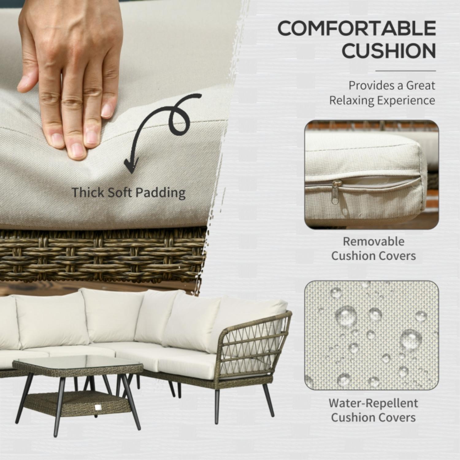 Outdoor furniture set with cushions, highlighting comfort and water-repellent properties.