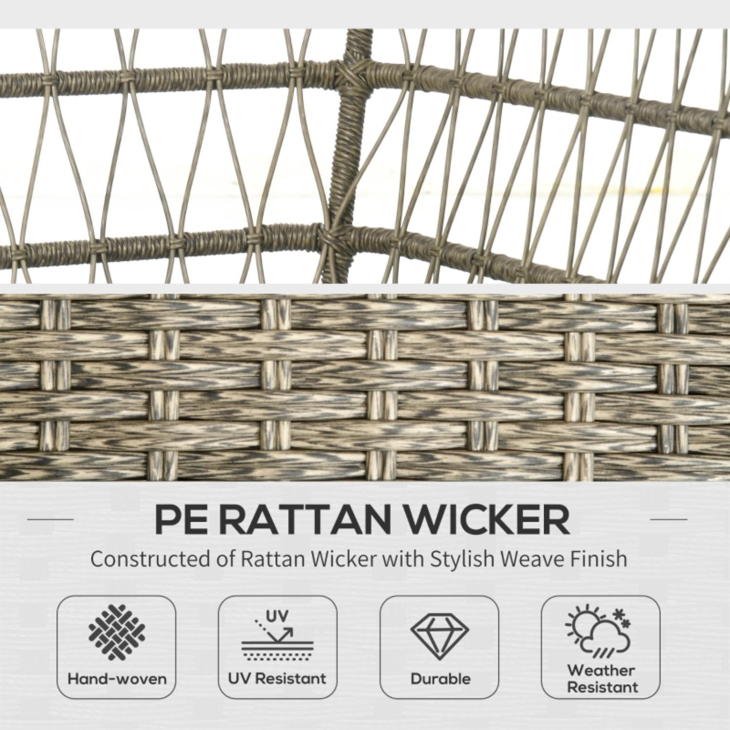 Close-up of PE rattan wicker with text highlighting its features.