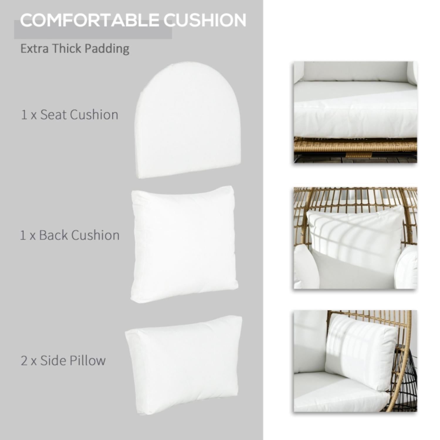 Set of white cushions with text describing their features on a gray background