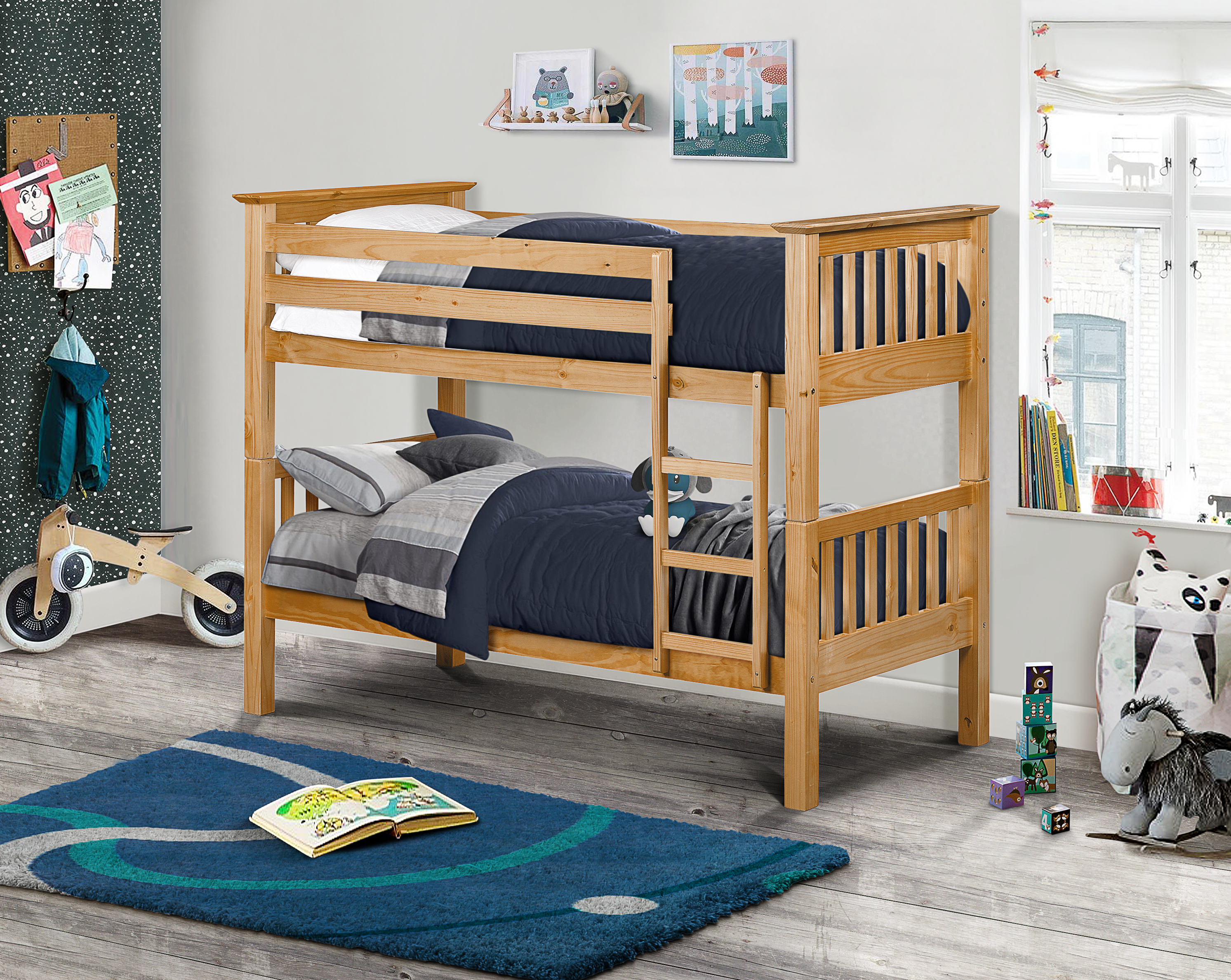 Wooden bunk bed in a child's bedroom with books and toys around.