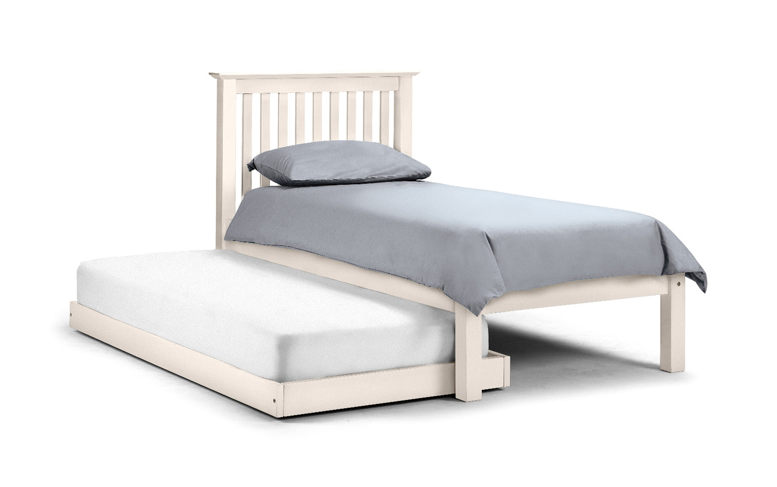 White bed frame with a gray mattress and pillow on a white background